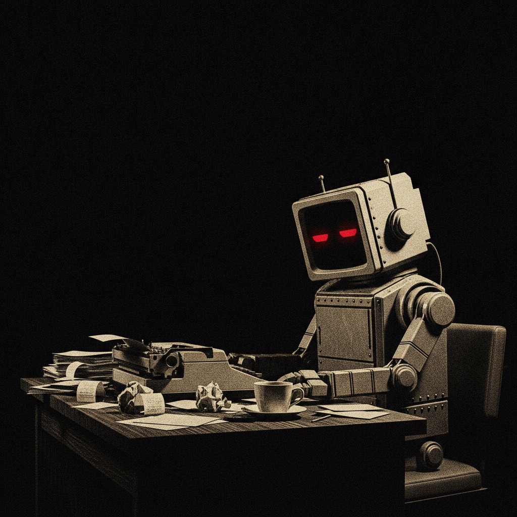 CommishBot at his desk: a vintage boxy robot with glowing red eyes, sitting at a 1970s sports desk covered in receipts and a typewriter.